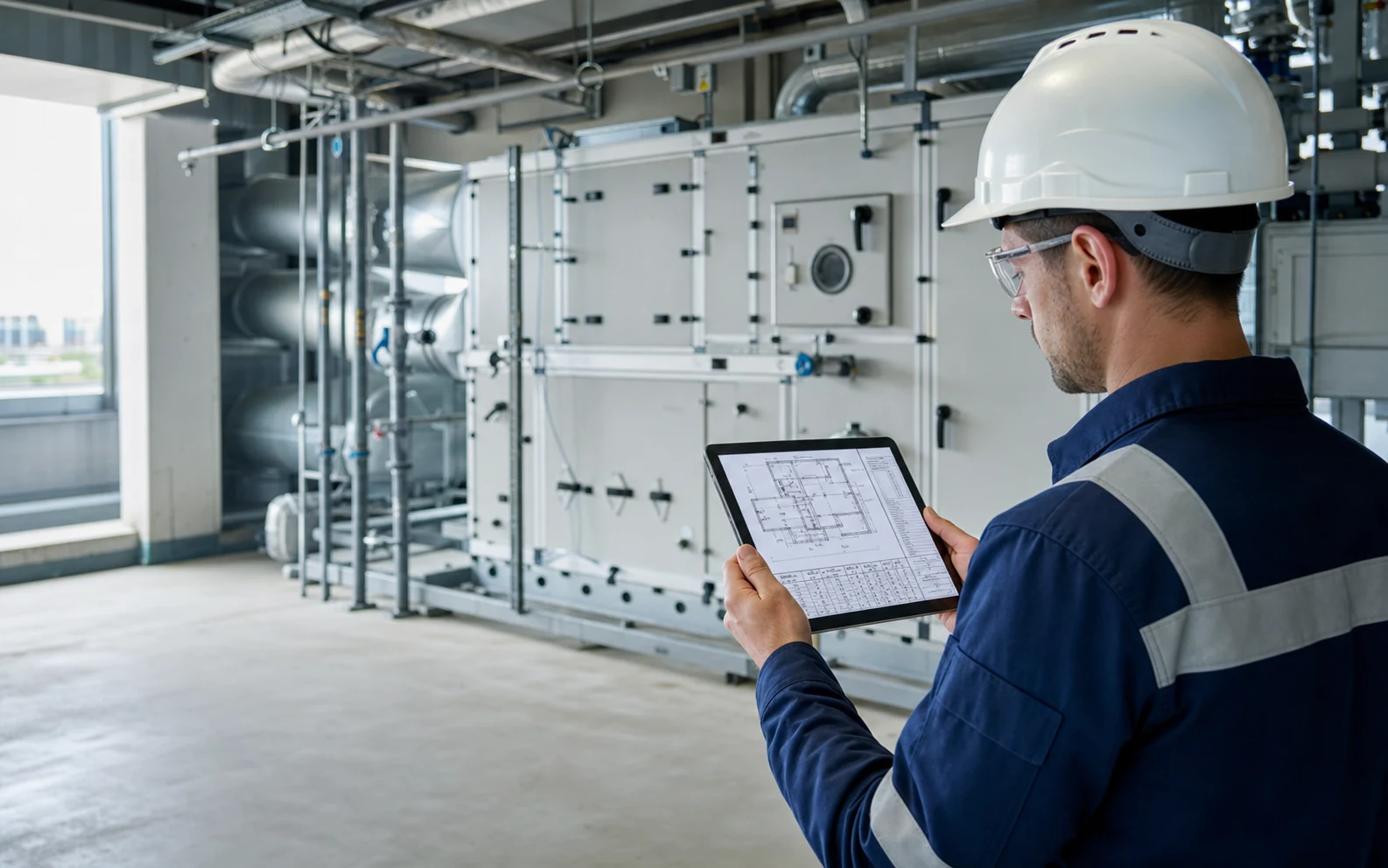 Ingeniero revisando el diseño de un sistema HVAC en una sala de equipos