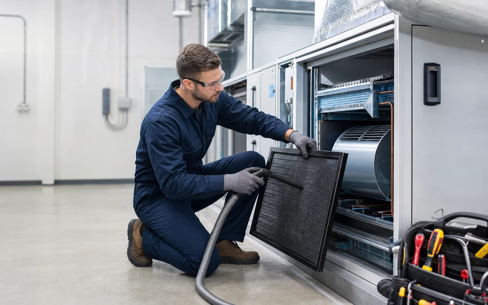 Técnico realizando mantenimiento preventivo en una manejadora de aire