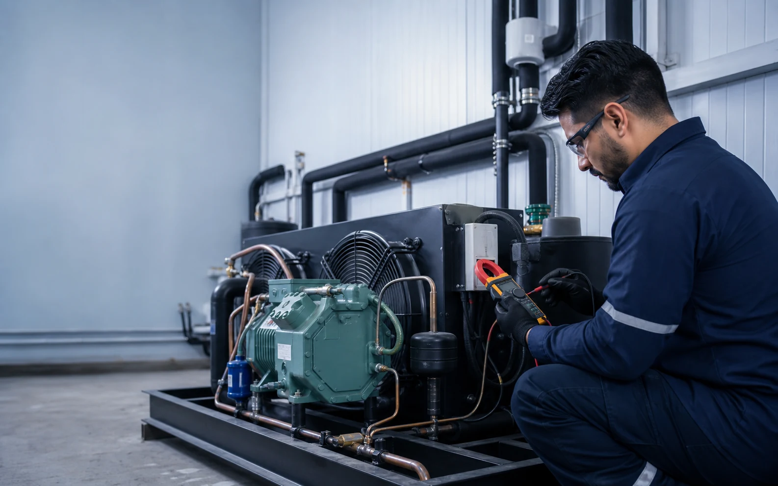 Técnico realizando mediciones en un sistema de refrigeración comercial
